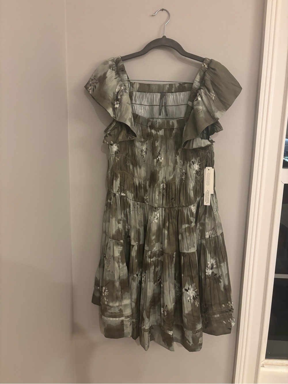 Anthropologie Olive Green Floral Ruffle Mini Dress